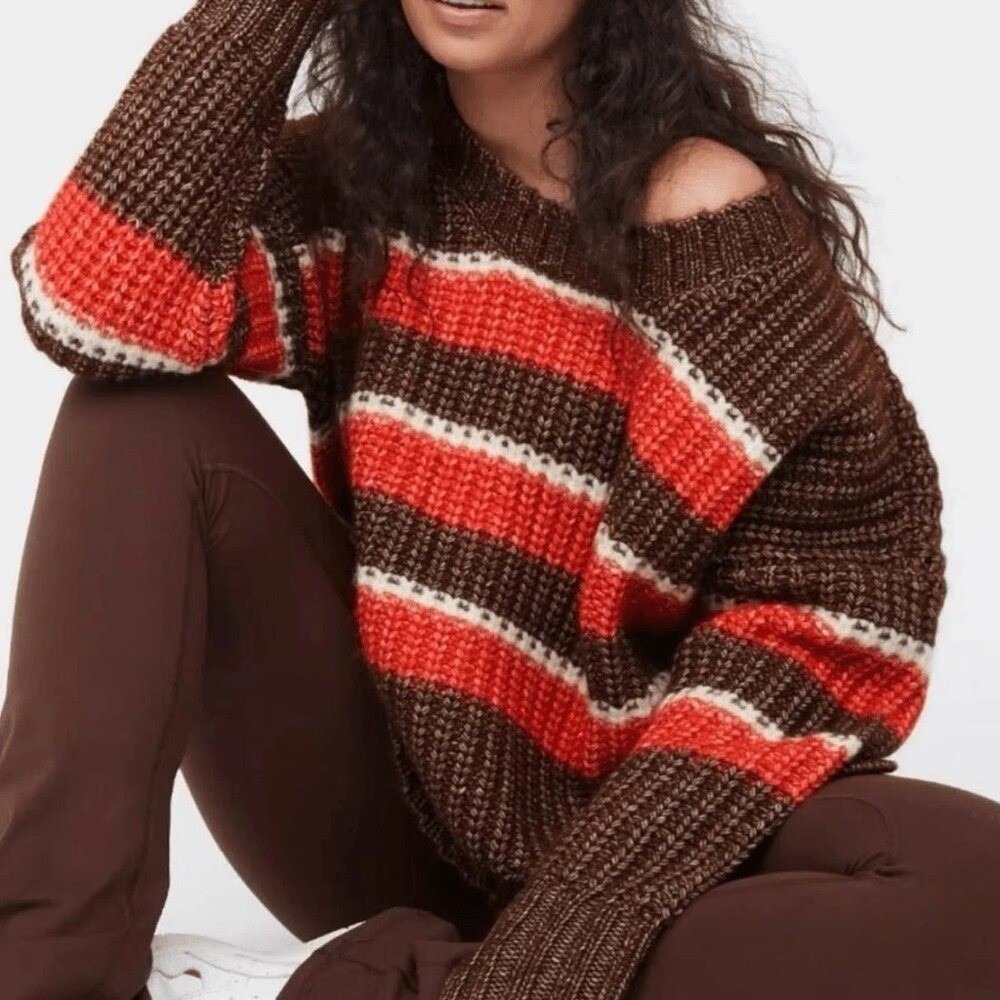 Offline By Aerie Sweater Large Chunky Knit Pullover Brown Orange Fall Cabin Cozy
